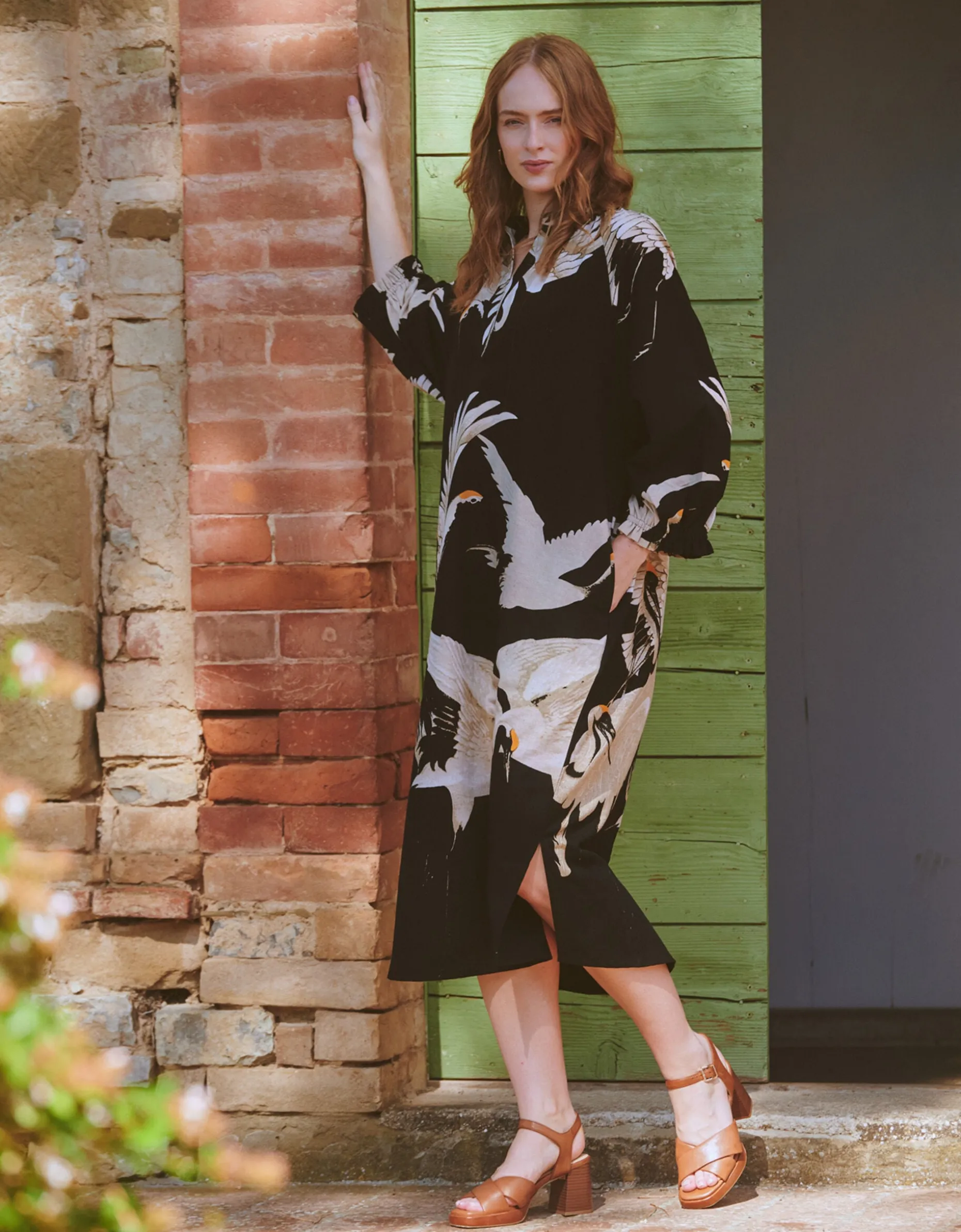 One Hundred Stars Stork Print Midi Dress Black