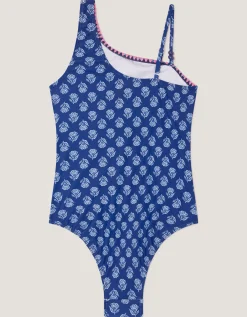 One-Shoulder Block Print Swimsuit Blue