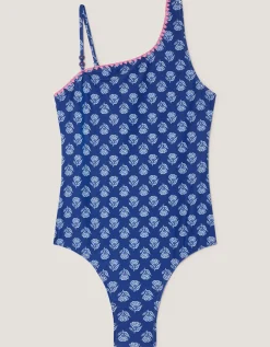 One-Shoulder Block Print Swimsuit Blue