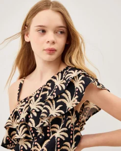 One-Shoulder Palm Print Frill Playsuit Black