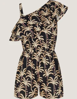 One-Shoulder Palm Print Frill Playsuit Black