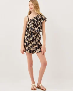 One-Shoulder Palm Print Frill Playsuit Black