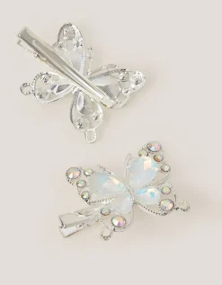 2-Pack Gemstone Butterfly Hair Clips Silver