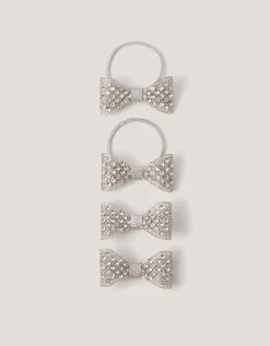 4-Pack Rhinestone Bow Hair Bands & Clips Silver