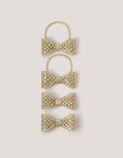 4-Pack Rhinestone Bow Hair Bands & Clips Gold
