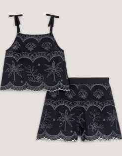 Palm Embroidered Top & Shorts Set Black