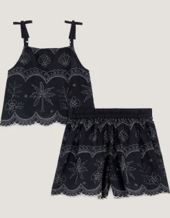 Palm Embroidered Top & Shorts Set Black