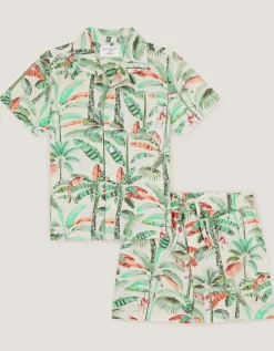 Palm Print Cotton Shirt & Shorts Set Ivory