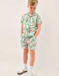 Palm Print Cotton Shirt & Shorts Set Ivory
