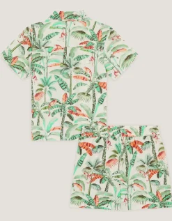 Palm Print Cotton Shirt & Shorts Set Ivory