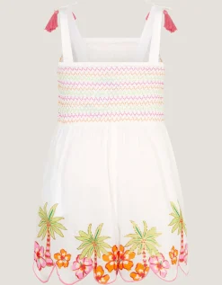Palm Print Smocked Playsuit Ivory