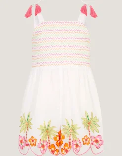 Palm Print Smocked Playsuit Ivory