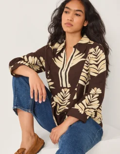 Pamela Linen Blend Leaf Print Top Brown