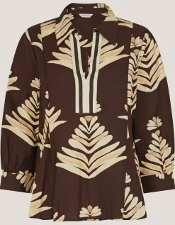 Pamela Linen Blend Leaf Print Top Brown