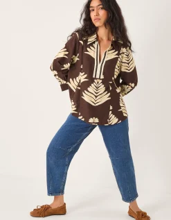 Pamela Linen Blend Leaf Print Top Brown