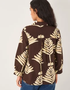 Pamela Linen Blend Leaf Print Top Brown