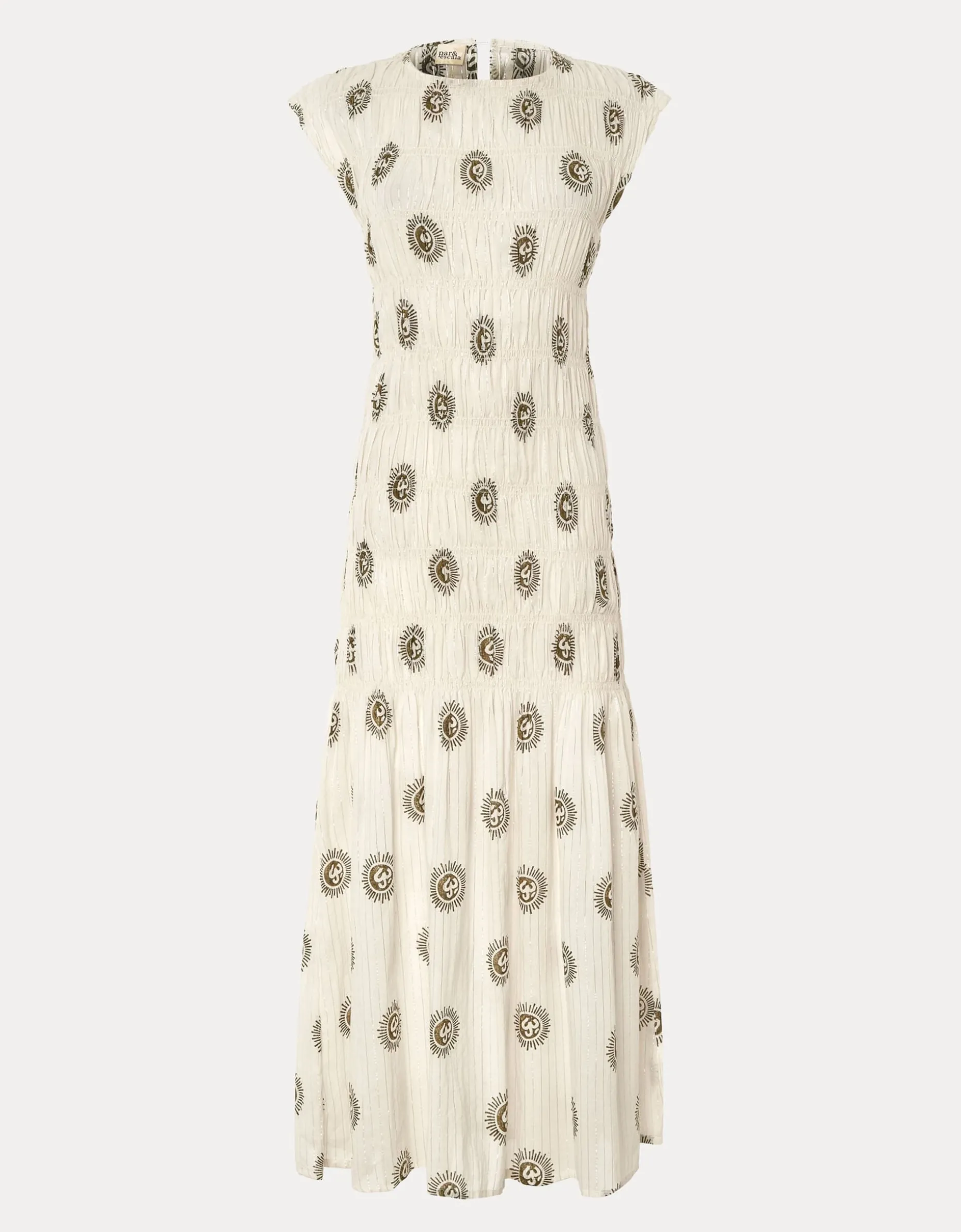 Par & Escala Bee Smocked Sun Print Maxi Dress White