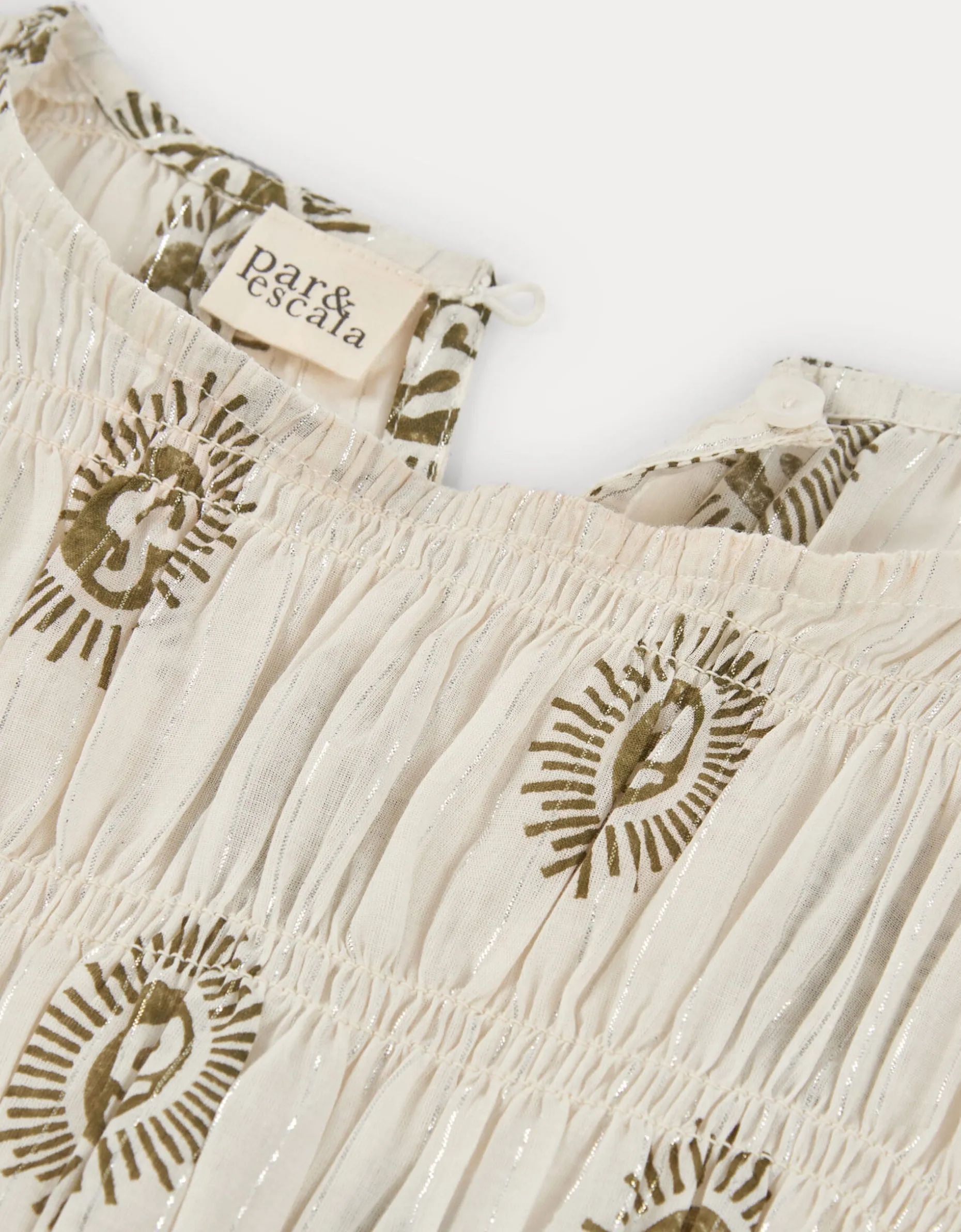 Par & Escala Bee Smocked Sun Print Maxi Dress White