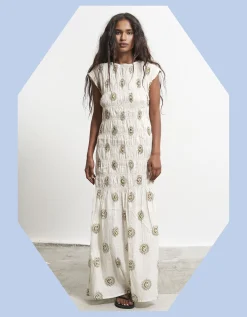 Par & Escala Bee Smocked Sun Print Maxi Dress White