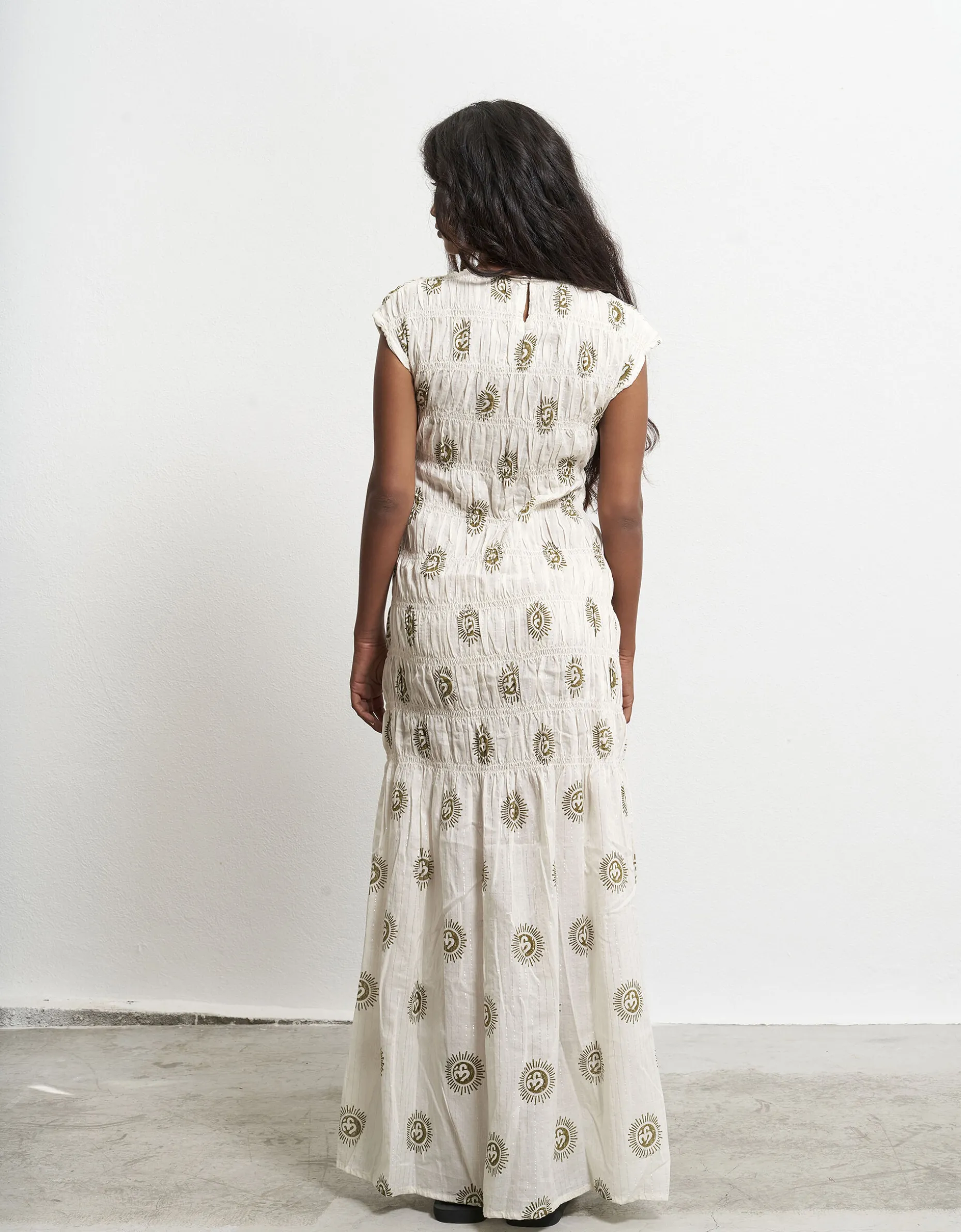 Par & Escala Bee Smocked Sun Print Maxi Dress White