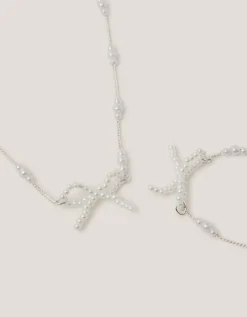 Pearl Bow Necklace & Bracelet Set