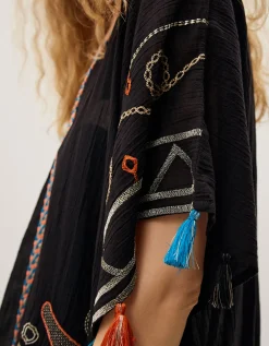 Pelia Embroidered Tassel Mini Kaftan Black
