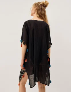 Pelia Embroidered Tassel Mini Kaftan Black