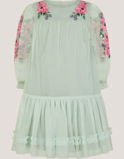 Peony Embroidered Tulle Party Dress Green