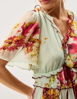 Perrie Frill Floral Print Maxi Dress Green