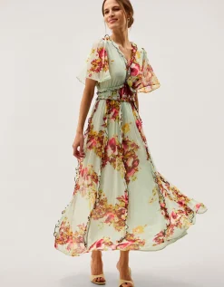 Perrie Frill Floral Print Maxi Dress Green