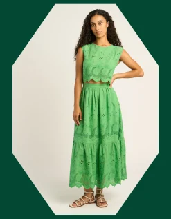 Petite Mendigote Clemence Broderie Tiered Midi Skirt Green