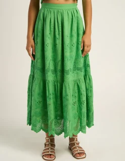 Petite Mendigote Clemence Broderie Tiered Midi Skirt Green