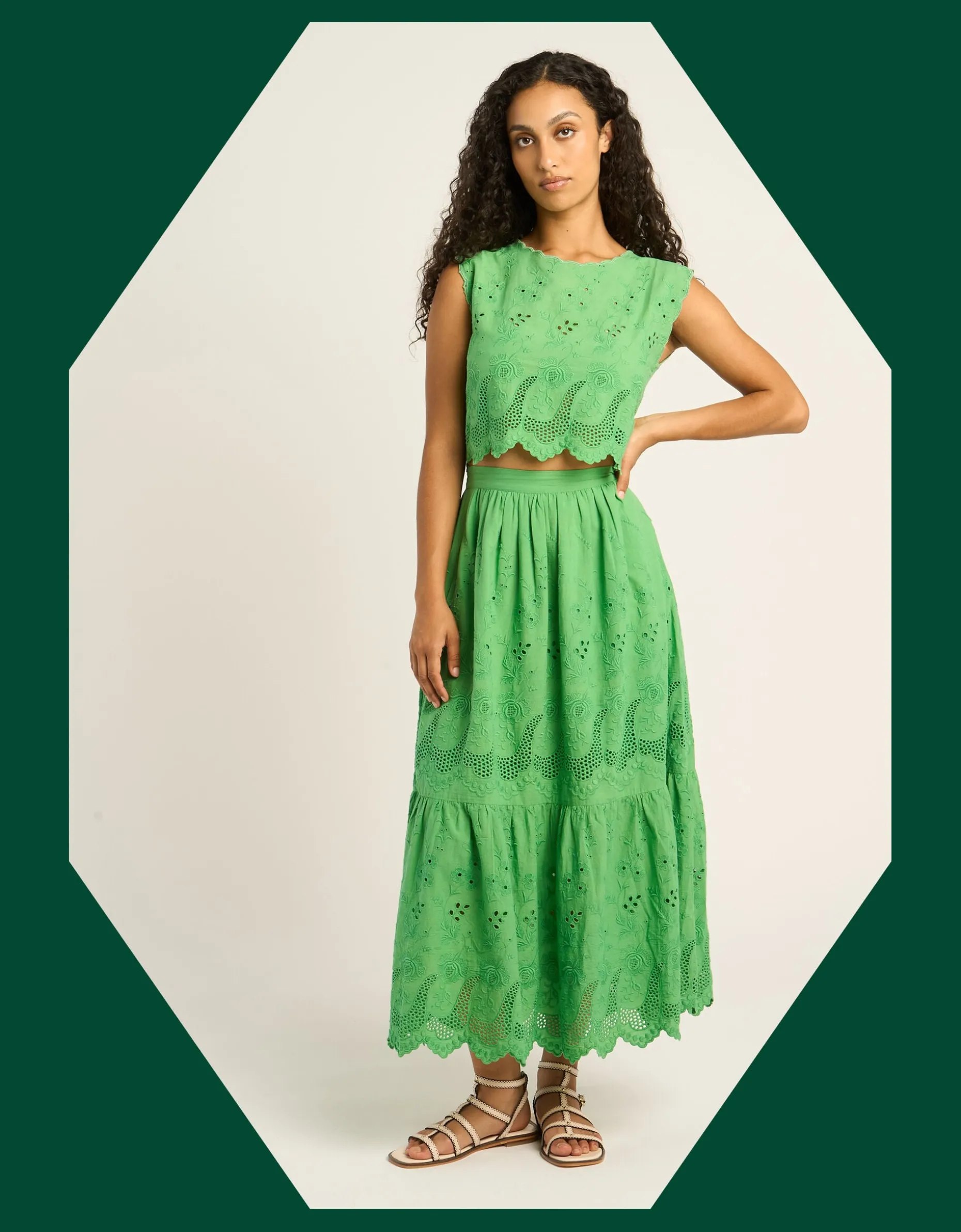 Petite Mendigote Clemence Broderie Tiered Midi Skirt Green
