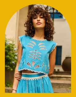 Petite Mendigote Tifaine Sleeveless Embroidered Top Blue