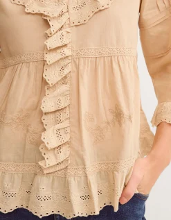 Petra Embroidered Ruffle Blouse Camel