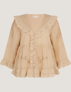 Petra Embroidered Ruffle Blouse Camel