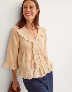 Petra Embroidered Ruffle Blouse Camel