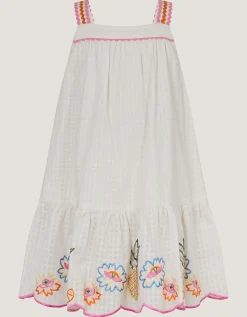 Pineapple Embroidered Scallop Swing Dress White