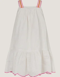 Pineapple Embroidered Scallop Swing Dress White