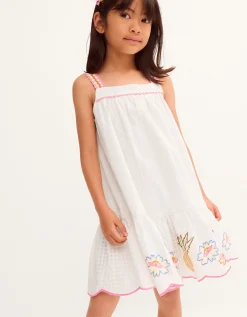 Pineapple Embroidered Scallop Swing Dress White