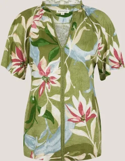 Piper Floral Linen-Blend Top Green