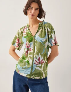 Piper Floral Linen-Blend Top Green