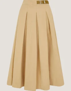 Poppy Buckle Pleated Midi Skirt Natural