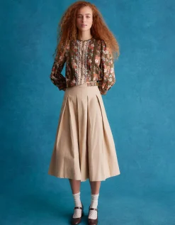 Poppy Buckle Pleated Midi Skirt Natural