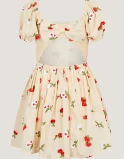 Puff Sleeve Floral Embroidered Dress Ivory