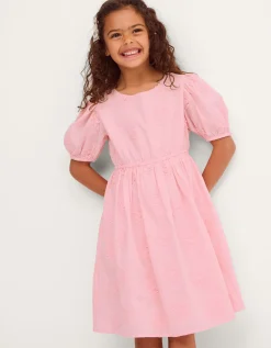 Puff Sleeve Floral Embroidered Dress Pink