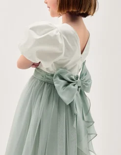 Puff Sleeve Satin Tulle Dress Green