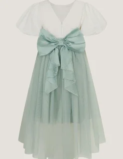 Puff Sleeve Satin Tulle Dress Green