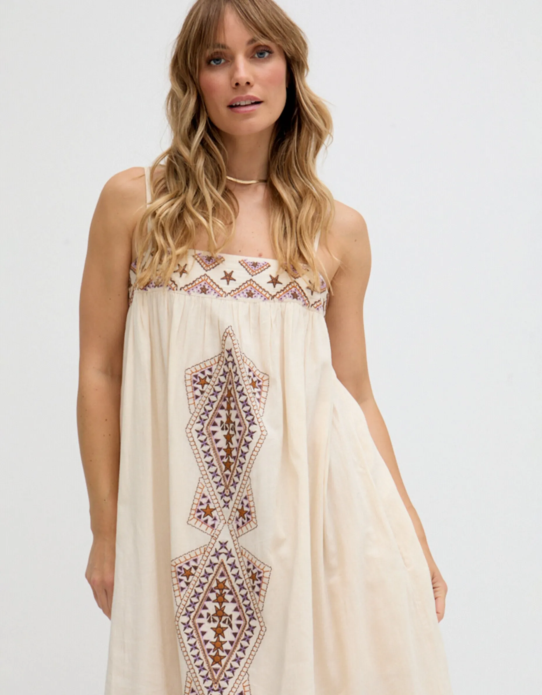 Raffya Sapphire Strappy Embroidered Maxi Dress White