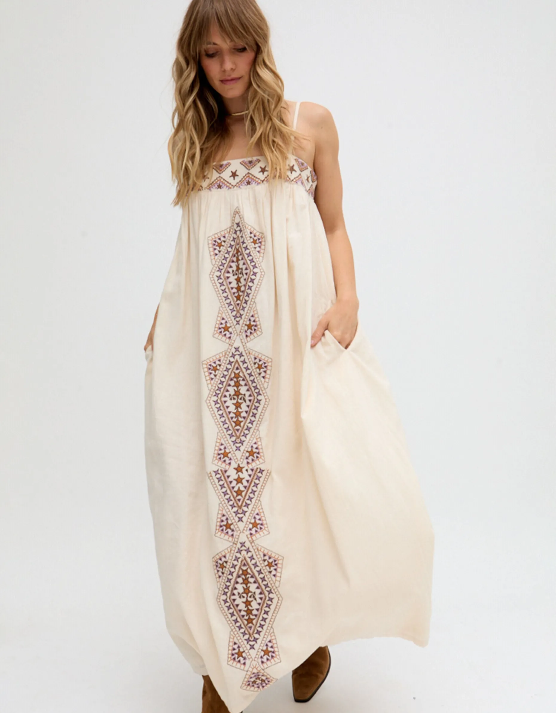 Raffya Sapphire Strappy Embroidered Maxi Dress White
